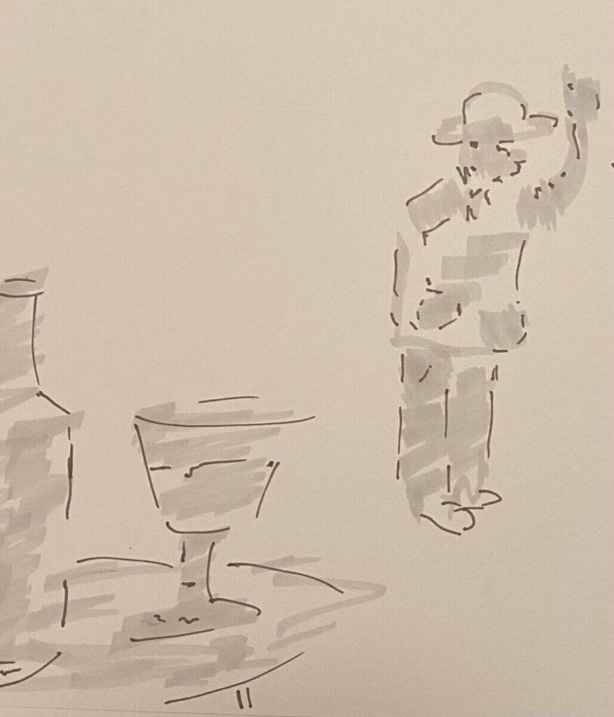 Fischzeichner skizziert ein einfaches Porträt eines Mannes mit Hut und Rucksack vor einem Wasserbecken. Illustration im minimalistischen Stil, ideal für Kunst- und Kreativitätsseiten.